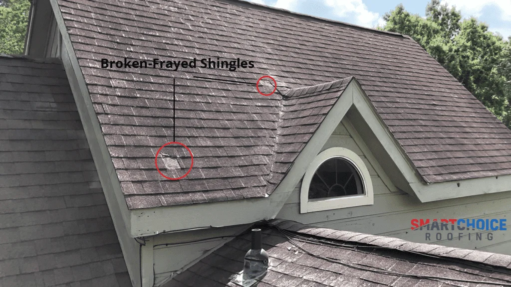 Roof with broken, frayed shingles marked.
